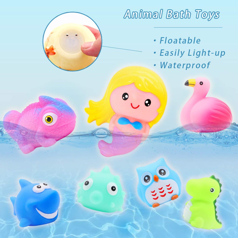 yoliyogo Animal Bath Toy Floating Auto Flashing Early Learning Toy Package with 8 Pcs Dinosaur Shark Flamingo Mermaid Etc Bathtub Shower Set Gift for Kids&Pets - Image 4